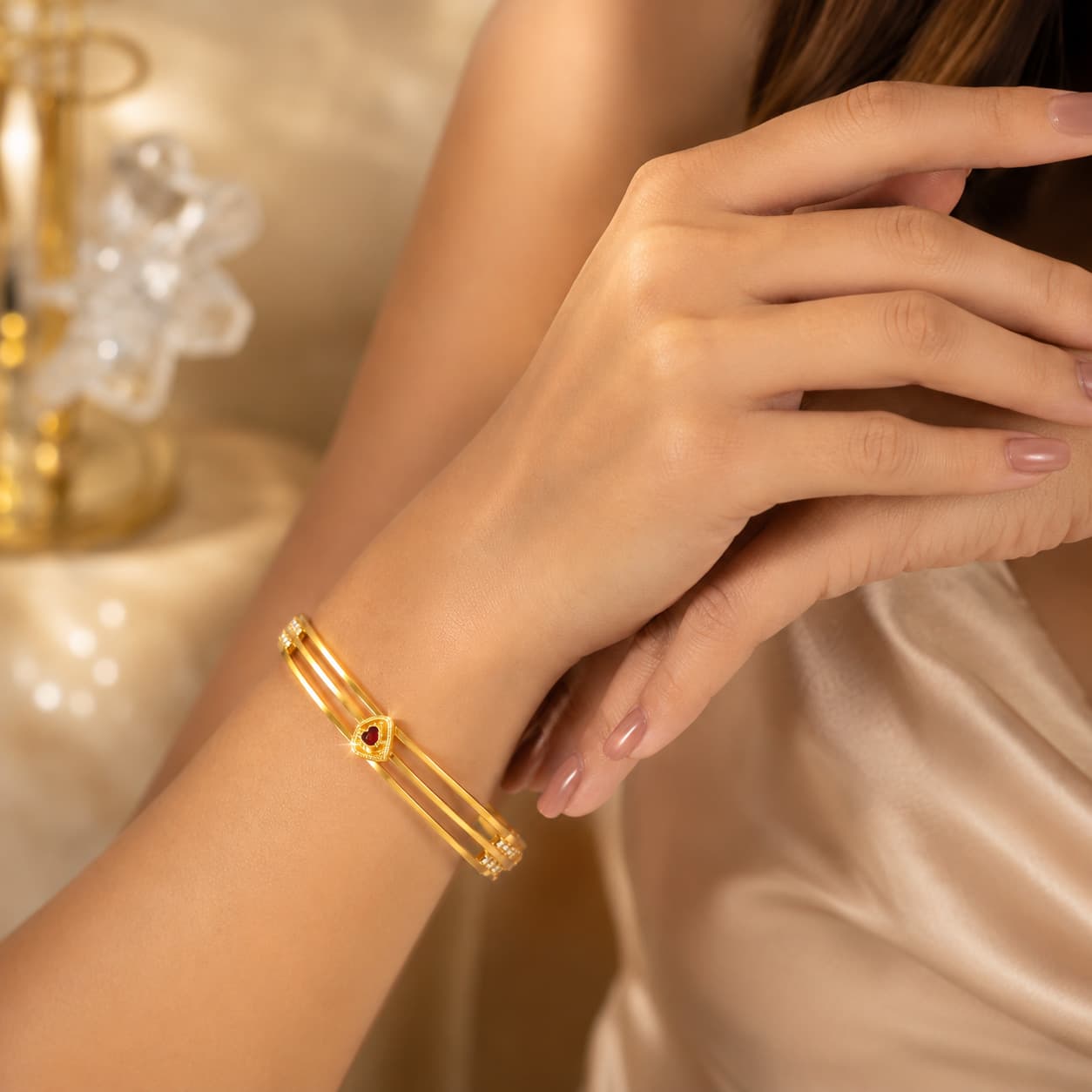 Shineora Women Gold-Plated CZ Studded Open Kada Bracelet Set (Pack of 2)