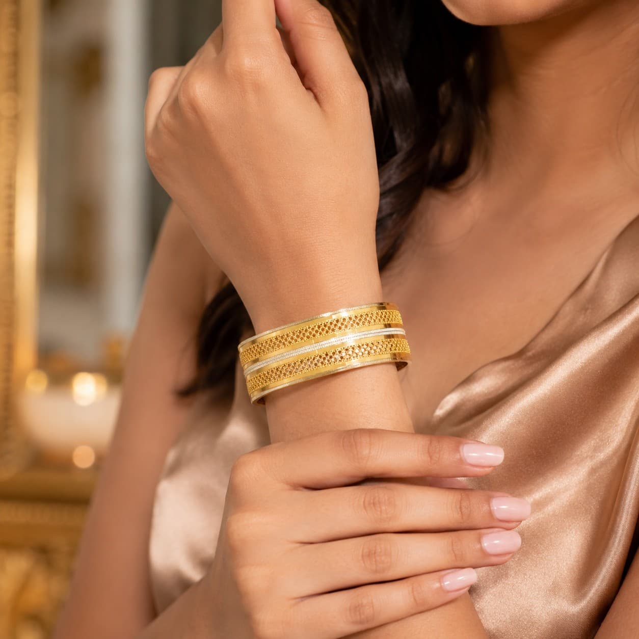 hineora Premium Gold-Plated Dual Tone Filigree Bangles Set-2