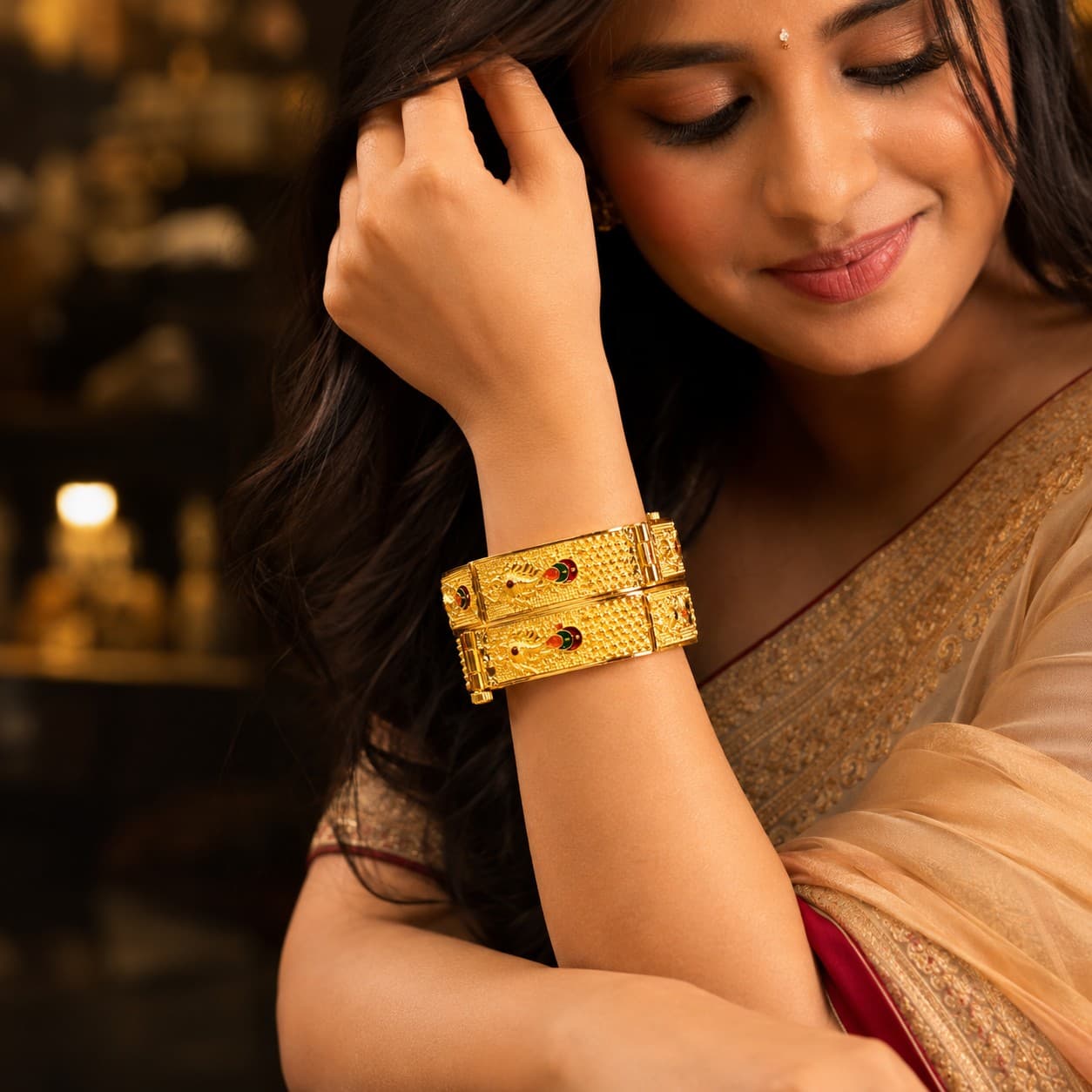 Shineora Women Gold-Plated Peacock Motif Traditional Kada Set (Pack of 2)