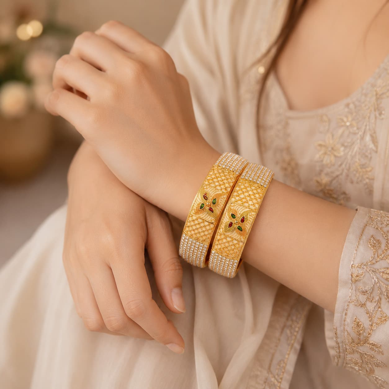 Shineora Golden Heritage Stonework Bangles Set-2