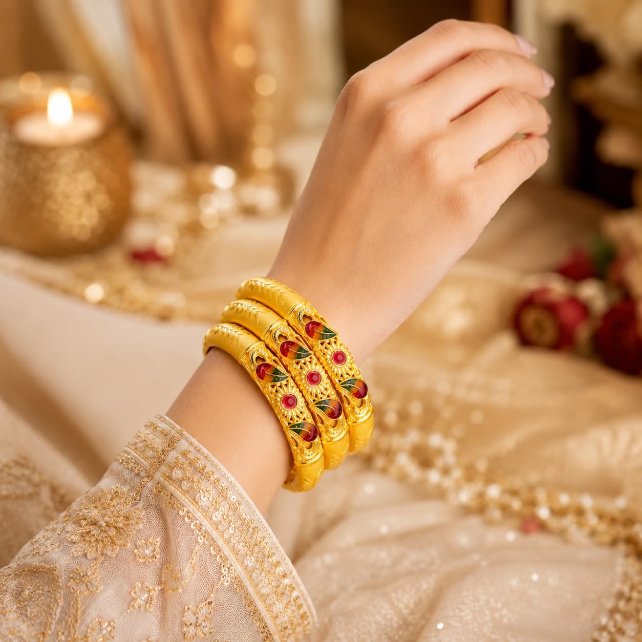 Shineora Women Gold-Plated Peacock Motif Enamel Detailed Traditional Bangles Set (Pack of 4)
