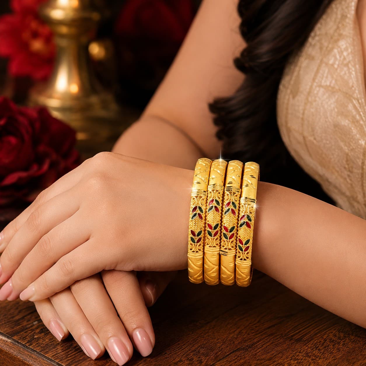 Shineora Women Gold-Plated Enamel Detailed Traditional Bangles Set (Pack of 4)