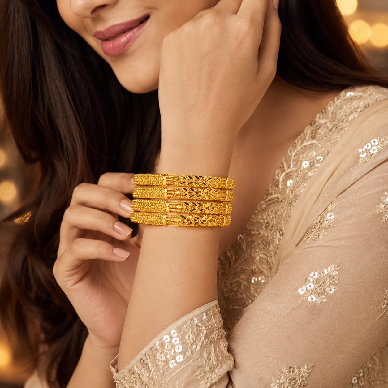 Shineora Premium Gold-Plated Floral Textured Bangles Set-4