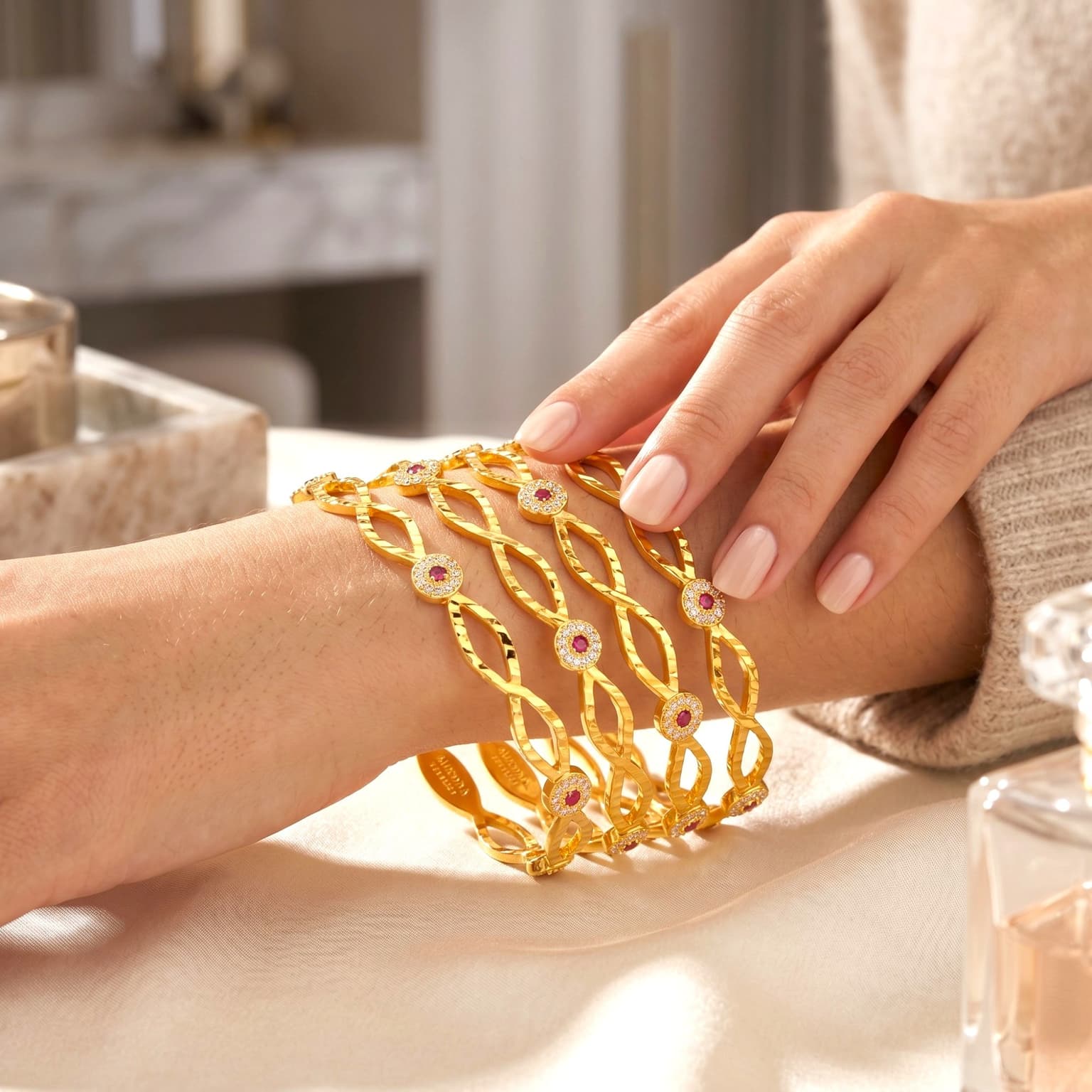 Shineora Women Gold-Plated American Diamond Floral Designer Bangles Set (Pack of 4)