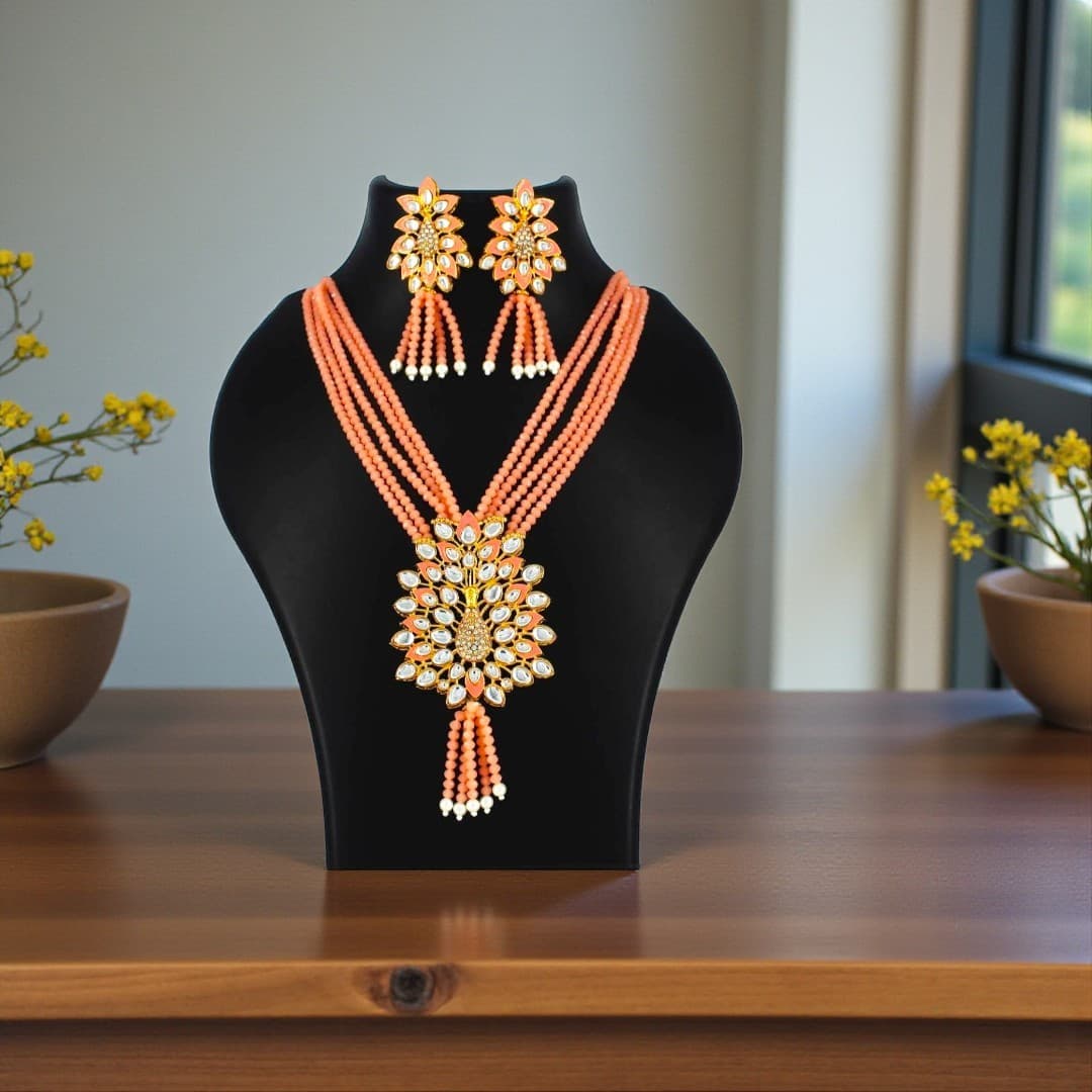 Peach Radiance Kundan Beads Necklace Set