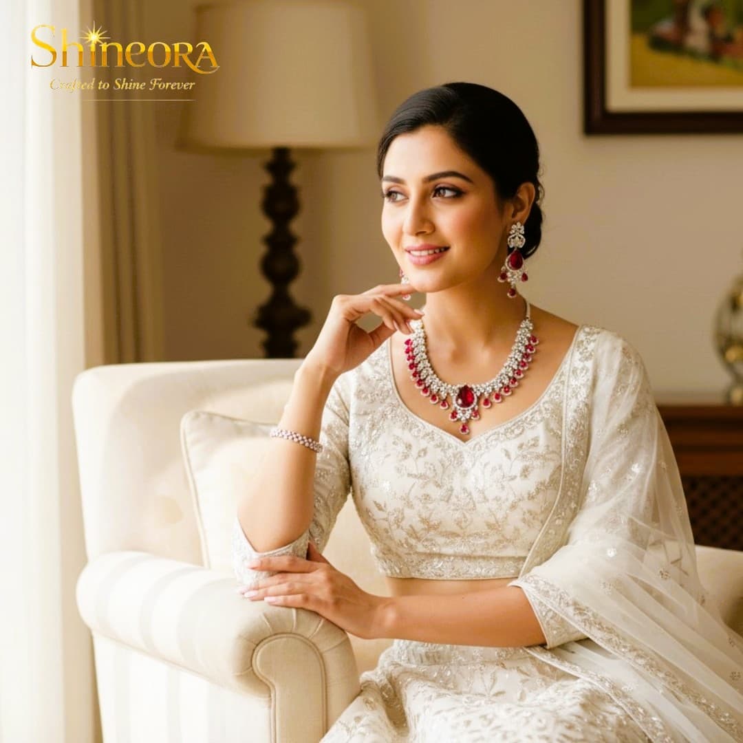 Crimson Elegance: Floral Diamond & Ruby Teardrop Necklace Set